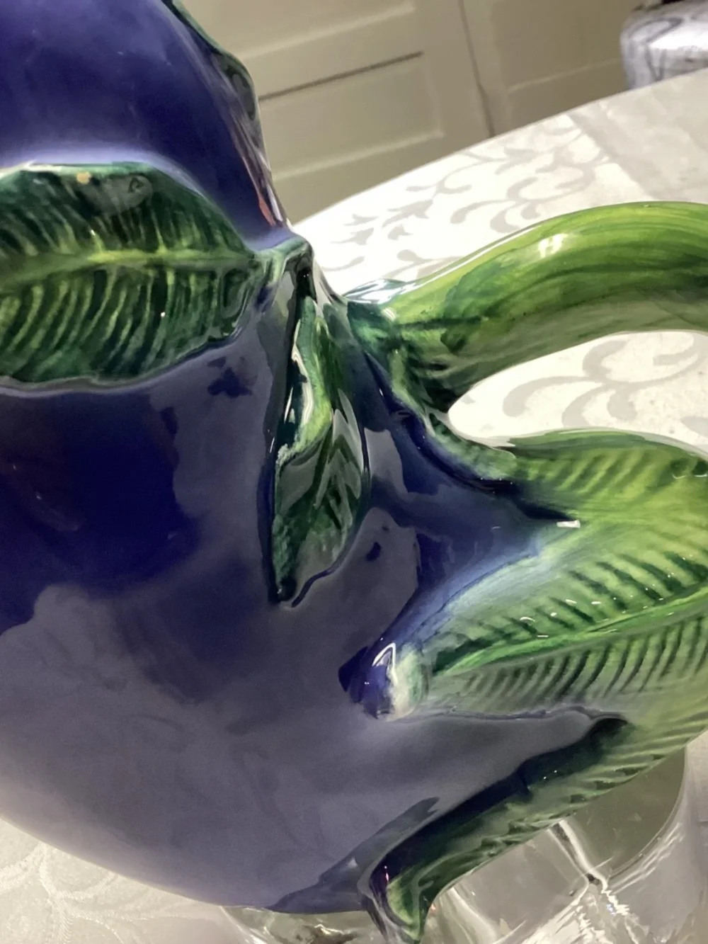 Eggplant pitcher majolica style. Fabulous item